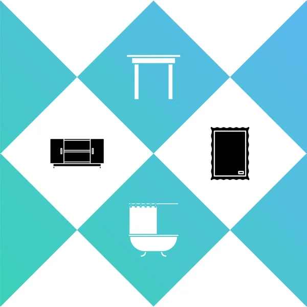 Set TV-Tisch, Badewanne mit Duschvorhang, Holz- und Bild-Symbol. Vektor — Stockvektor