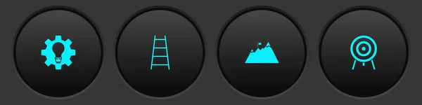 電球とギア、フィニッシュフラグ、山とターゲットアイコンを持つ階段を設定します。ベクトル — ストックベクタ