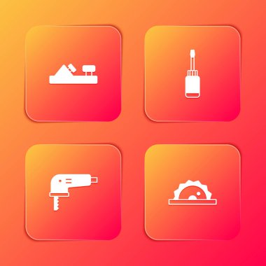 Tahta uçak aleti, tornavida, elektrikli yapboz ve dairesel simge ayarla. Vektör