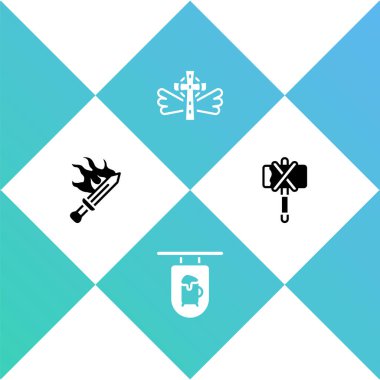 Oyun için Kılıç, Bar, Hristiyan haçı ve Ortaçağ balta simgesi olan sokak tabelası. Vektör