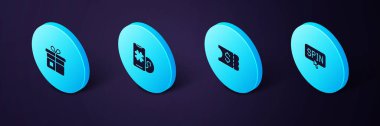 Isometric Slot makinesinin çevirme düğmesini, piyango biletini, online poker masası oyununu ve hediye kutusu simgesini ayarla. Vektör
