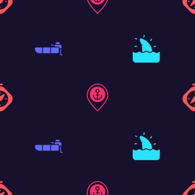 Köpekbalığı yüzgecini okyanus dalgasına, motorlu şişme botu, konum çapasını ve pusulayı kusursuz desene ayarlayın. Vektör