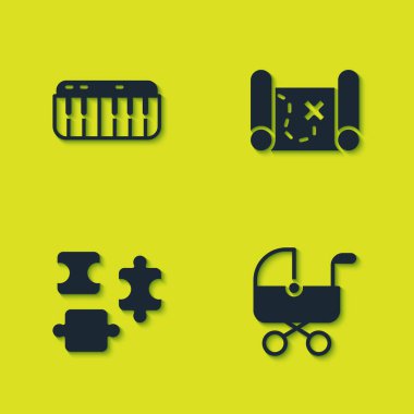 Müzik sentezleyicisi, bebek arabası, yapboz parçaları oyuncağı ve korsan hazine haritası simgesi. Vektör