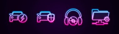 Elektrikli araba, araba koruması veya sigortası, kulaklıklar ve CD DVD ve FTP ayarları klasörünü ayarla. Parlayan neon ikonu. Vektör