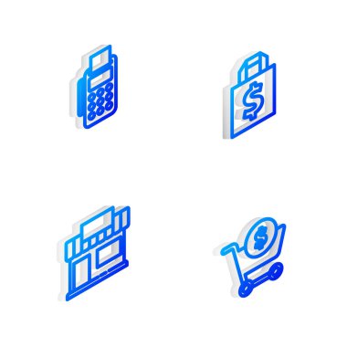 Isometric hattı Shoping çanta ve dolar, POS terminali ile kredi kartı, alışveriş binası veya market ve market ikonu ayarlayın. Vektör