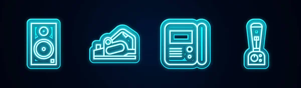 Set-Line-Stereo-Lautsprecher, elektrische Hobelwerkzeug, Haus Intercom-System und Blender. Leuchtende Leuchtschrift. Vektor — Stockvektor