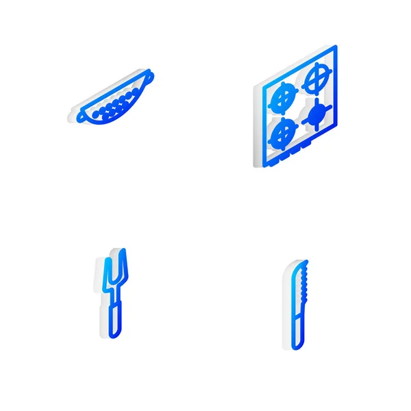 Set Isometrische Linie Gasherd, Küchensieb, Grillgabel und Brotmesser Symbol. Vektor — Stockvektor
