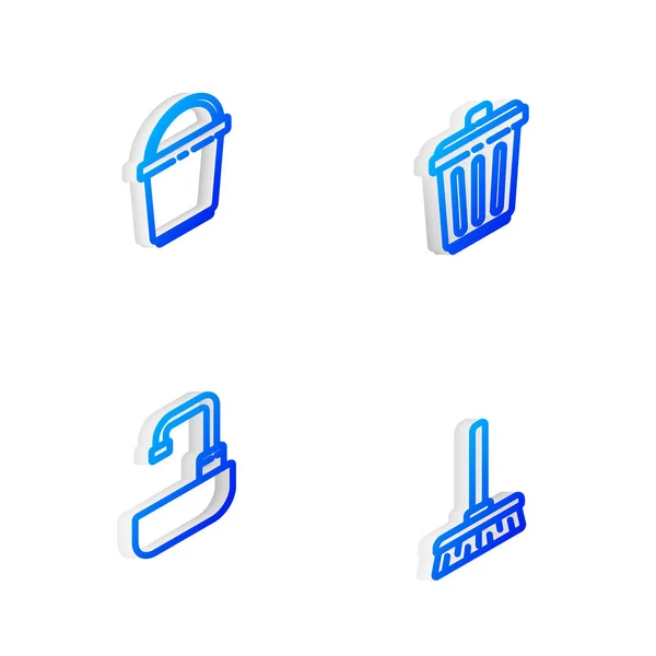 Set Isometric line Trash can, Bucket, Washbasin with water tap and Handle broom icon. Vector — Stock Vector