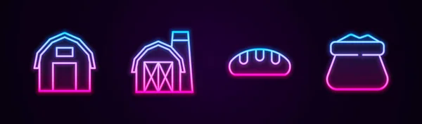 Atur baris rumah pertanian, roti roti dan karung penuh. Glowing ikon neon. Vektor - Stok Vektor
