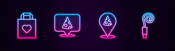 Set baris tas belanja dengan hati, irisan pizza, dan Ulang Tahun pesta tanduk. Glowing ikon neon. Vektor - Stok Vektor