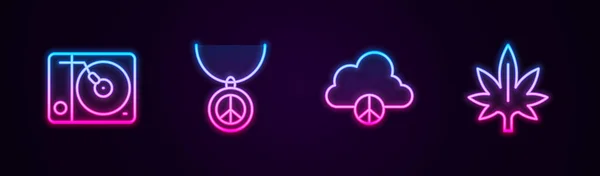Set Schallplattenspieler, Halskette mit Friedenssymbol, Friedenswolke und Marihuana. Leuchtende Leuchtschrift. Vektor — Stockvektor