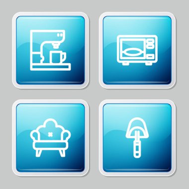 Çizgi kahve makinesi, mikrodalga fırın, kanepe ve Spatula ikonu. Vektör