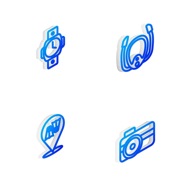 Isometric halat dalış maskesini şnorkel, saat, yüzmek için Flippers ve fotoğraf makinesi dalgıcı ikonu ile ayarla. Vektör — Stok Vektör