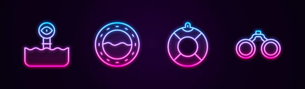 Periscope, gemi lombozu, Lifebuoy ve Dürbün hattını ayarlayın. Parlayan neon ikonu. Vektör — Stok Vektör