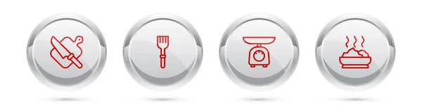 Schneidebrett und Messer, Gabel, Waage und Schüssel mit heißer Suppe. Silberkreis-Knopf. Vektor — Stockvektor