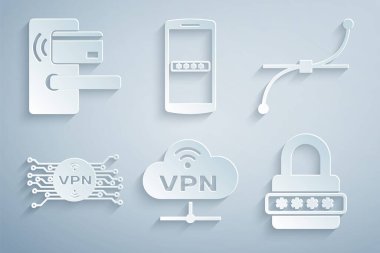 VPN Ağı bulut bağlantısını, Bezier eğrisini mikroçip devresi, Parola koruması, mobil ve şifre ve kablosuz dijital kapı kilidi ikonu ile ayarla. Vektör