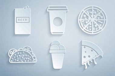Dondurma, pizza, tortilla, pizza dilimi, kahve fincanı ve bira ikonu. Vektör