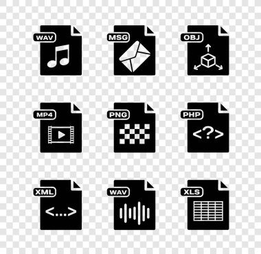 WAV dosya belgesini, MSG, OBJ, XML, XLS, MP4 ve PNG simgesini ayarla. Vektör