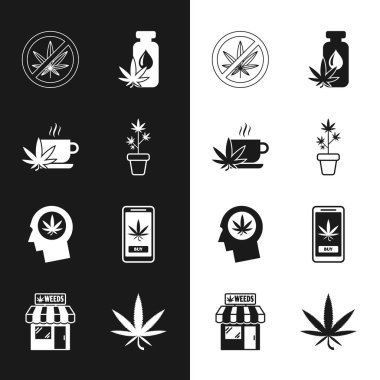 Esrara marihuana, marihuana ile çay, dur, ya da kenevir yaprağı yağı, kafa profili, internetten satın alma ve ikon depolama. Vektör