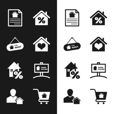 Kalp şeklinde bir ev, kira, kontrat, percant, açık ev, alışveriş arabası ve emlakçı ikonu. Vektör