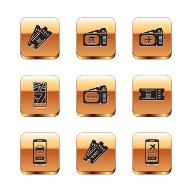 Set Tren bileti, Çevrimiçi araba paylaşımı, Bilet, Şehir haritası Infographic, Havayolu, Mobil ve Müze simgesi. Vektör