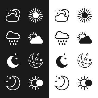 Güneşli ve bulutlu hava, yağmurlu bulut, ay yıldızları, ay, güneş tutulması ve ikon. Vektör