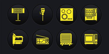 Elektrik inşaat zımbası, otomat, radyo, ısıtıcı, gaz sobası ve inşaat matkabı ikonu. Vektör