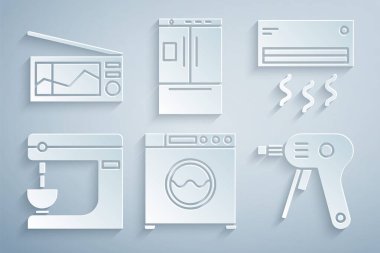 Çamaşır makinesi, klima, elektrikli mikser, sıcak tutkal tabancası, buzdolabı ve radyo ikonu. Vektör