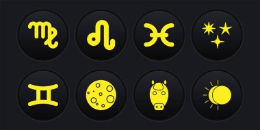 Gemini burcunu, kayan yıldızı, Ay 'ı, Atı, Balık' ı, Leo 'yu, Güneş tutulmasını ve Başak ikonunu ayarla. Vektör