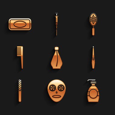 Parfüm, yüz estetiği maskesi, bir şişe sıvı sabun, tırnak törpüsü, saç fırçası ve bar ikonu. Vektör
