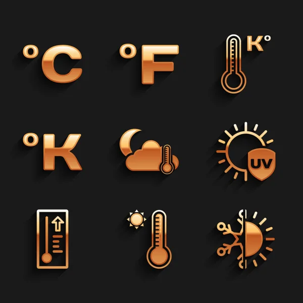 Set Thermometer Und Wolke Mond Meteorologiethermometer Sonnenschneeflocke Schutz Kelvin Und — Stockvektor