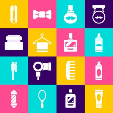 Krem veya losyon kozmetik tüpü tıraş jeli köpüğü, sakal ve bıyık bakım yağı şişesi, havlu askısı, saç ve tıraş losyonu için saç maşası. Vektör