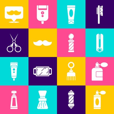 Atomizer, saç maşası, krem losyon kozmetik tüpü, bıyık, makas kuaförü, berber dükkanı ve klasik direk ikonu ile tıraş losyonu seti. Vektör