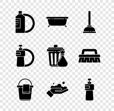 Bulaşık deterjanı, tabak, banyo küveti, lastik pompa, paçavralı kova, bulaşık deterjanı ve çöp tenekesi ikonu hazırla. Vektör