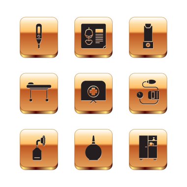 Tıbbi termometreyi, oksijen maskesini, Enemayı, haçlı hemşire şapkasını, astım spreyini, ilaç dolabını ve röntgen çekimini ayarlayın. Vektör