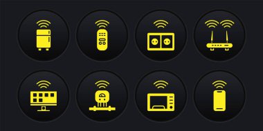 Akıllı TV sistemi, Router ve wi-fi sinyali, sensör, mikrodalga fırın, elektrik prizi, uzaktan kumanda, kablosuz akıllı telefon ve buzdolabı ikonu ayarla. Vektör
