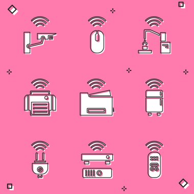 Akıllı güvenlik kamerası, kablosuz fare, robot kol fabrikası, yazıcı, buzdolabı, elektrik prizi ve televizyon kutusu ikonu. Vektör