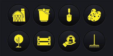 Ağaç, patates, tahta kutu, çiftlik evi, kürek ya da kürek, kova, tırmık ve ikon. Vektör