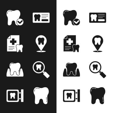 Diş sağlığı kliniği konumu, kartı, diş beyazlatma konseptini, arama ve simgeyi ayarla. Vektör