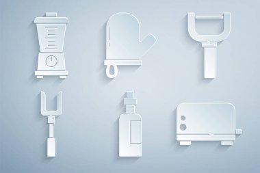 Bir şişe zeytinyağı, Peeler, barbekü çatalı, tost makinesi, fırın eldiveni ve karıştırıcı ikonu. Vektör