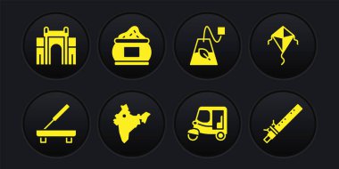 Scented spa çubuğu, Kite, Hindistan haritası, Taxi tuk tuk, çay poşeti, Hint baharatı, Bambu flüt Hint ve kapı Delhi ikonu. Vektör