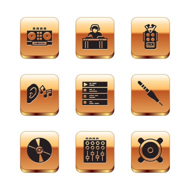 DJ uzak ve karıştırıcı müzik, CD veya DVD, Sound Mixer denetleyici, müzik çalma listesi, Ear listen ses sinyali, Mikrofon, Stereo hoparlörü ve çalma simgesi ayarlayın. Vektör
