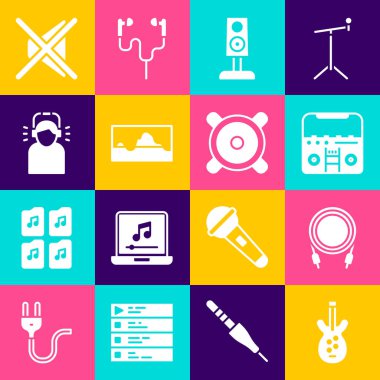 Elektro bas gitar, ses kriko, hoparlörlü müzik seti, müzik dalgası dengeleyicisi, kulaklıklı adam, hoparlör ve simge. Vektör