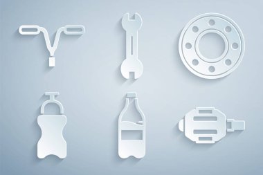 Spor şişesini suyla, bisiklet bilyesiyle, pedalla, anahtarla ve gidon simgesiyle ayarla. Vektör