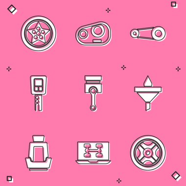 Araba tekerleği, far, zaman ayarlı kemer kiti, uzaktan kumandalı anahtar, motor pistonu, huni ve yağ damlası, koltuk ve araba ikonunun tanısal durumu. Vektör