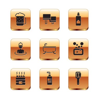 Tahta bira bardağı, sıcak sauna taşları, krem ya da losyon kozmetik tüpü, küvet, saç spreyi spreyi için adam, sauna fırçası ve ahşap bank ikonu. Vektör