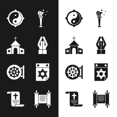 Kilise binası, Yin Yang, Aspergillum, Dharma tekerleği, Yahudi takvimi, ferman, kağıt, parşömen, parşömen, parşömen ve simge. Vektör