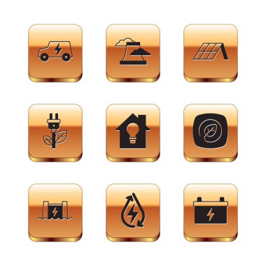 Elektrikli araba, hidroelektrik barajı, su enerjisi, akıllı ev ve ampul, yaprak, güneş paneli, araba aküsü ve nükleer santral ikonu. Vektör