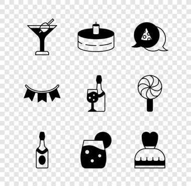 Martini bardağı, yanan mumlu pasta, pizza dilimi, şampanya şişesi, kokteyl, kadın elbisesi, karnaval çelengi ve ikon. Vektör