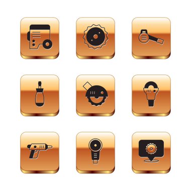 Elektrik jeneratörü, kablosuz tornavida, açılı testere, tornavida, tornavida, yaprak üfleyici, dairesel bıçak ve ikon ayarla. Vektör